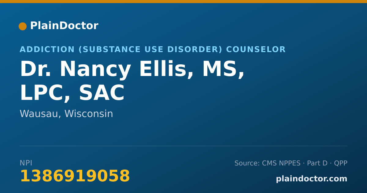 Shareable card for Nancy Ellis, MS, LPC, SAC - Addiction (Substance Use Disorder) Counselor, Wausau, WI