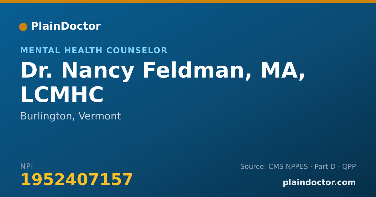 Shareable card for Nancy Feldman, MA, LCMHC - Mental Health Counselor, Burlington, VT