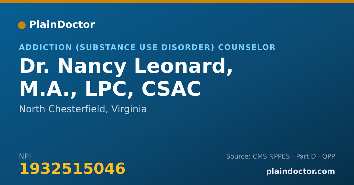Shareable card for Nancy Leonard, M.A., LPC, CSAC - Addiction (Substance Use Disorder) Counselor, North Chesterfield, VA