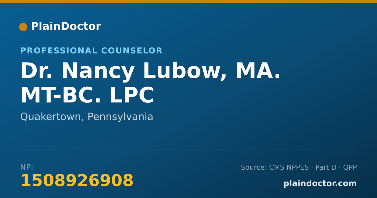 Shareable card for Nancy Lubow, MA. MT-BC. LPC - Professional Counselor, Quakertown, PA