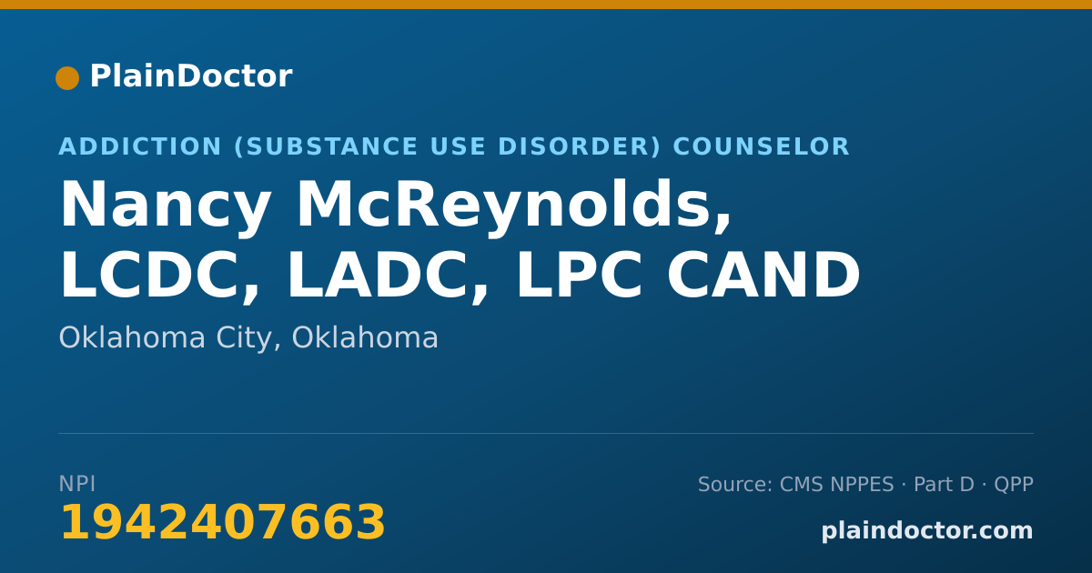 Shareable card for Nancy McReynolds, LCDC, LADC, LPC CAND - Addiction (Substance Use Disorder) Counselor, Oklahoma City, OK