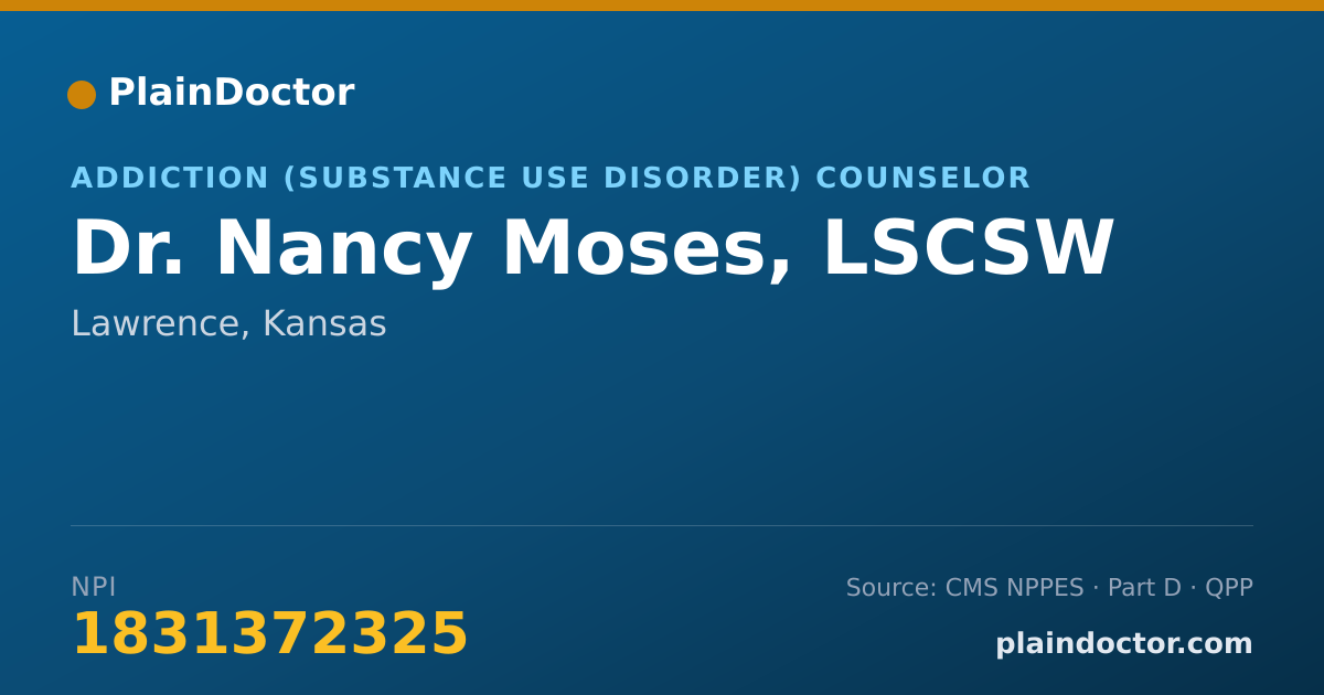 Shareable card for Nancy Moses, LSCSW - Addiction (Substance Use Disorder) Counselor, Lawrence, KS
