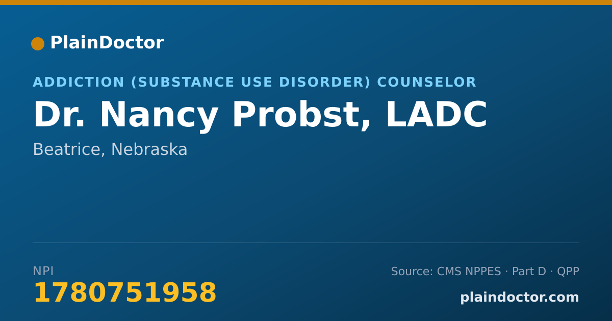 Shareable card for Nancy Probst, LADC - Addiction (Substance Use Disorder) Counselor, Beatrice, NE