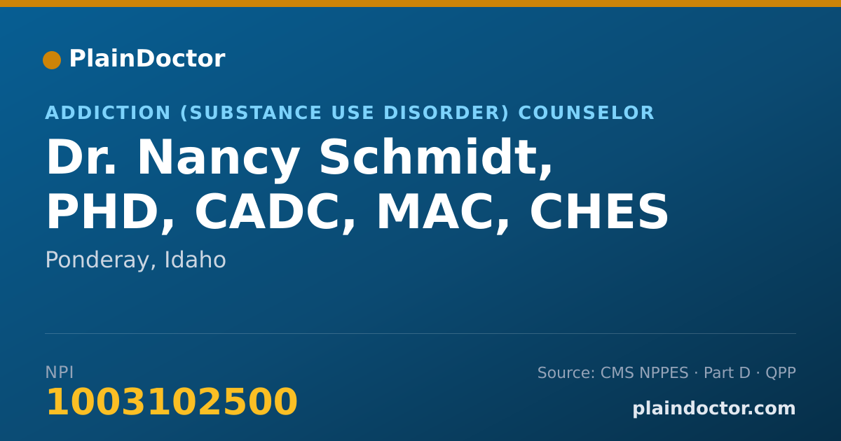 Shareable card for Nancy Schmidt, PHD, CADC, MAC, CHES - Addiction (Substance Use Disorder) Counselor, Ponderay, ID