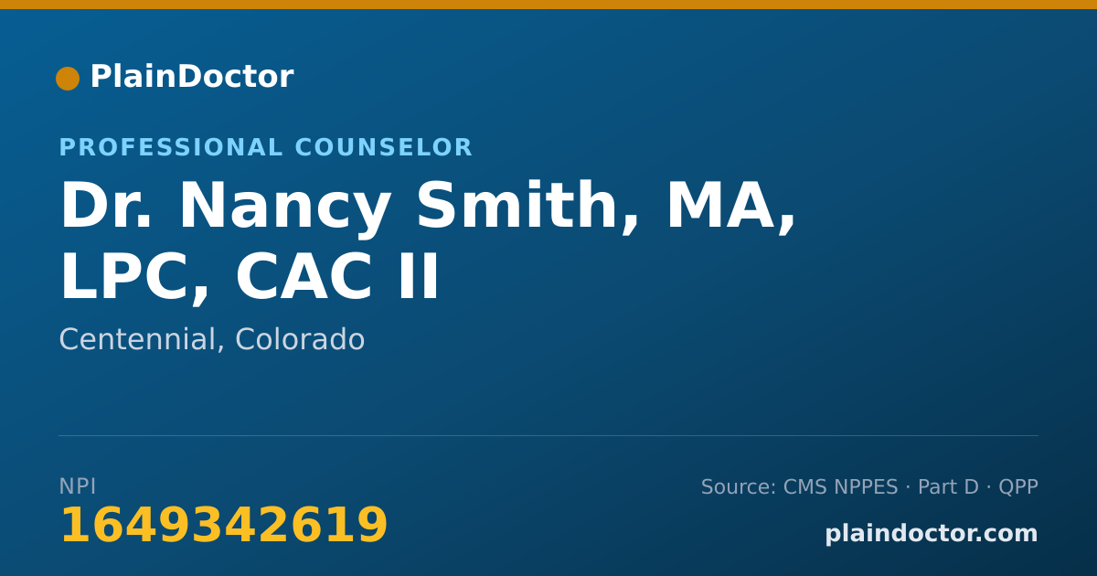 Shareable card for Nancy Smith, MA, LPC, CAC II - Professional Counselor, Centennial, CO