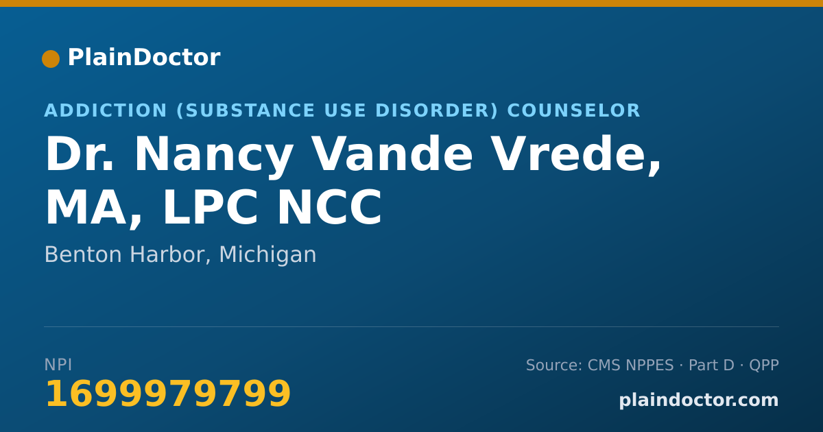 Shareable card for Nancy Vande Vrede, MA, LPC NCC - Addiction (Substance Use Disorder) Counselor, Benton Harbor, MI