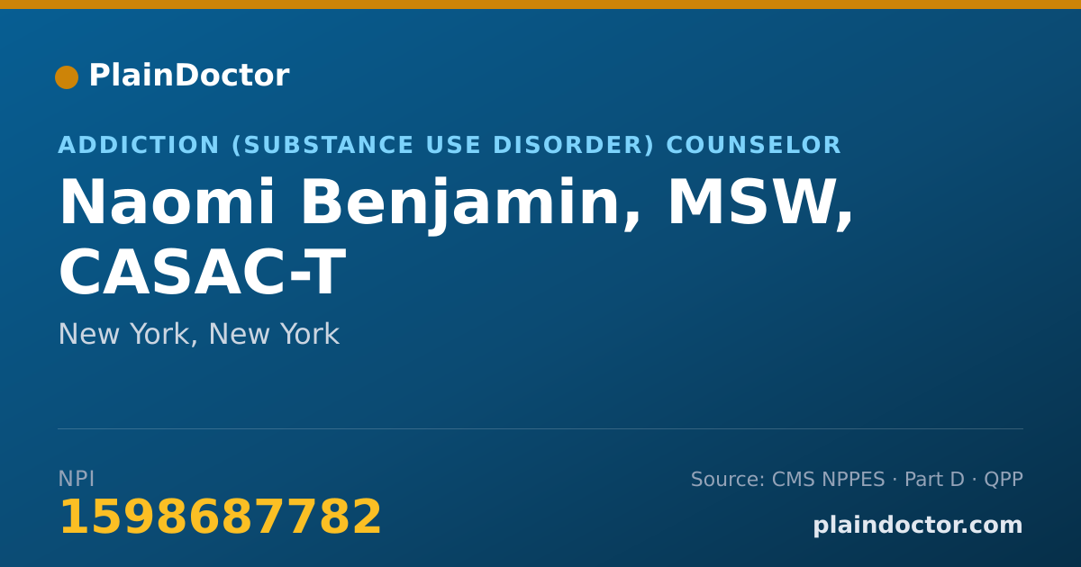 Shareable card for Naomi Benjamin, MSW, CASAC-T - Addiction (Substance Use Disorder) Counselor, New York, NY