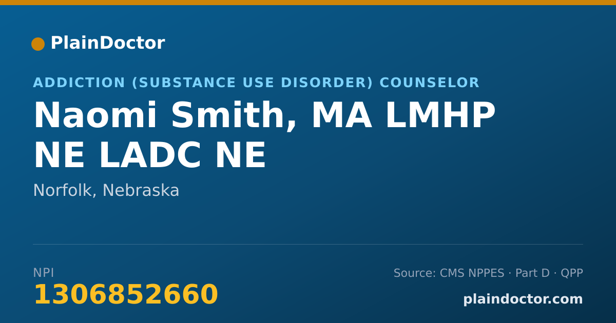 Shareable card for Naomi Smith, MA LMHP NE LADC NE - Addiction (Substance Use Disorder) Counselor, Norfolk, NE