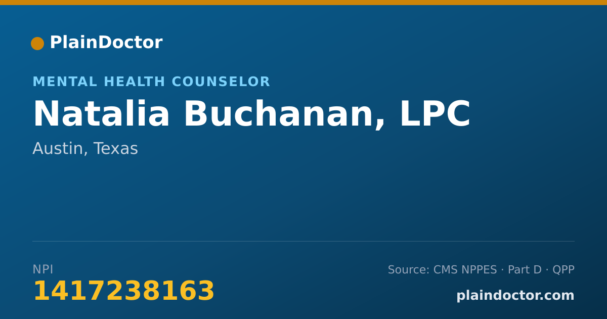 Shareable card for Natalia Buchanan, LPC - Mental Health Counselor, Austin, TX