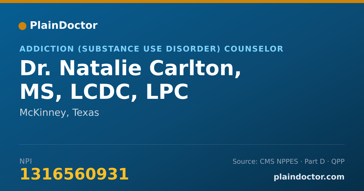 Shareable card for Natalie Carlton, MS, LCDC, LPC - Addiction (Substance Use Disorder) Counselor, McKinney, TX
