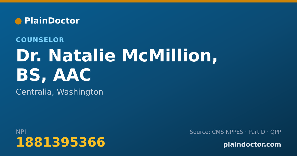 Shareable card for Natalie McMillion, BS, AAC - Counselor, Centralia, WA