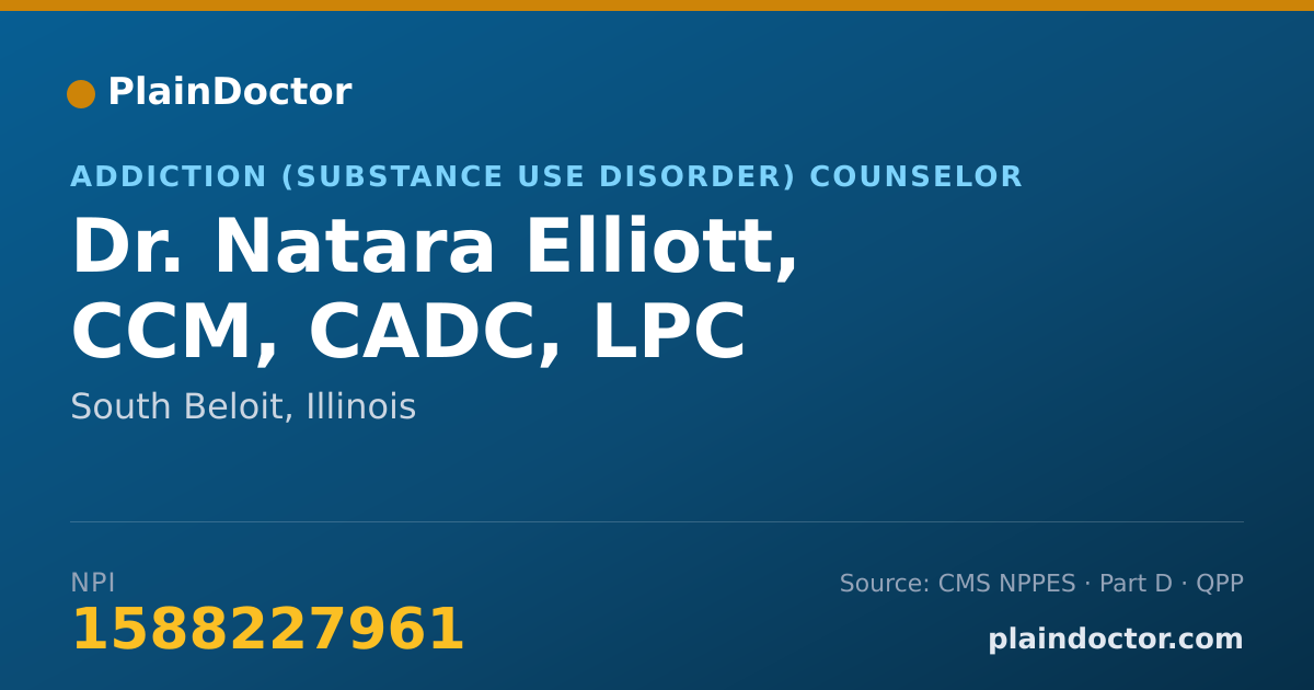Shareable card for Natara Elliott, CCM, CADC, LPC - Addiction (Substance Use Disorder) Counselor, South Beloit, IL