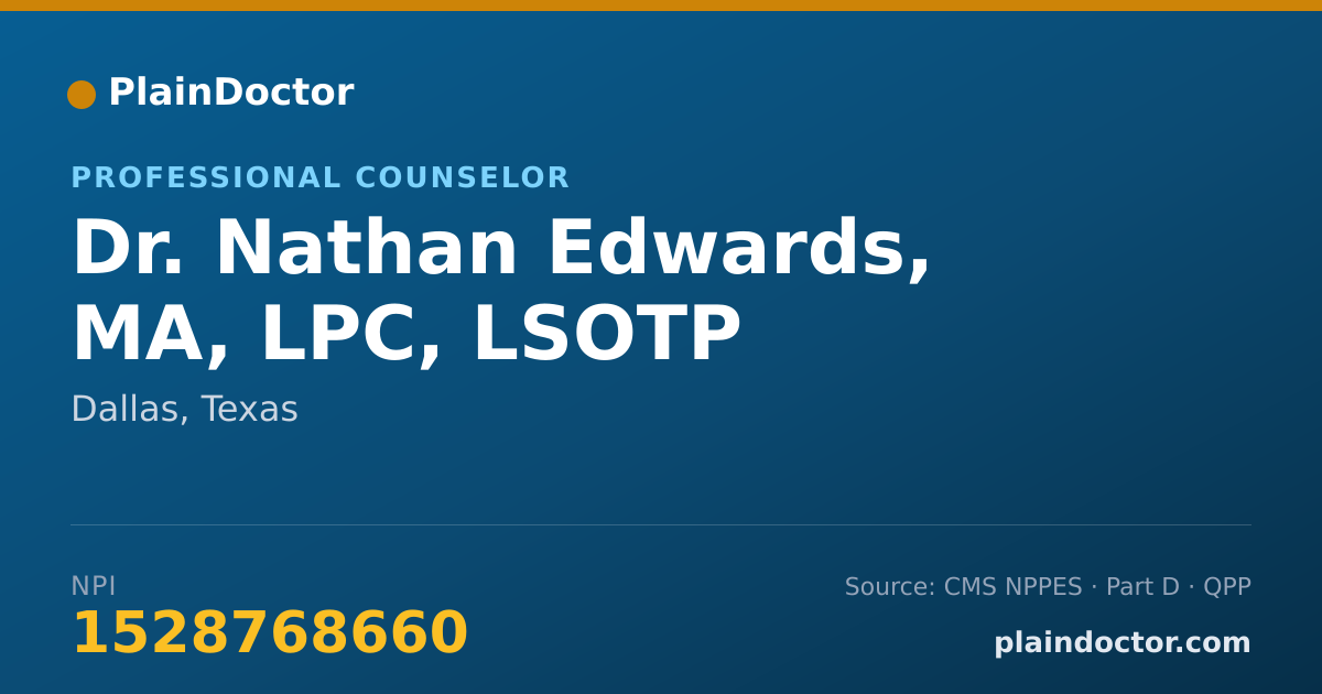Shareable card for Nathan Edwards, MA, LPC, LSOTP - Professional Counselor, Dallas, TX
