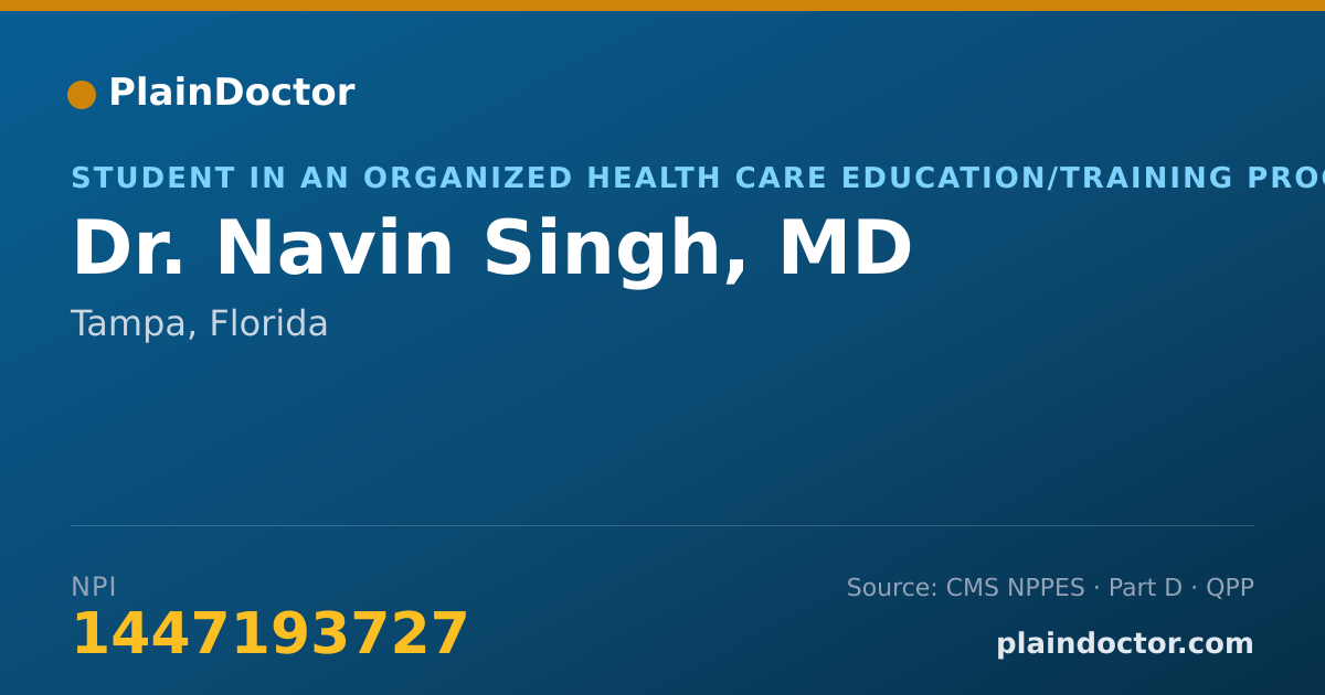 Shareable card for Navin Singh, MD - Student in an Organized Health Care Education/Training Program, Tampa, FL