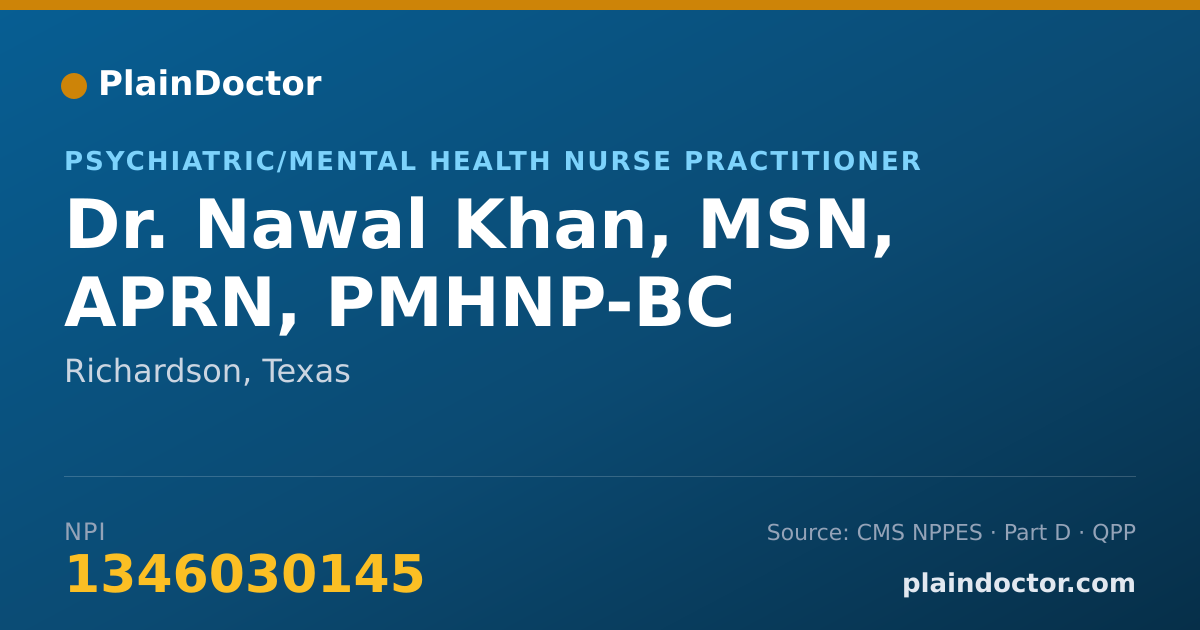 Shareable card for Nawal Khan, MSN, APRN, PMHNP-BC - Psychiatric/Mental Health Nurse Practitioner, Richardson, TX