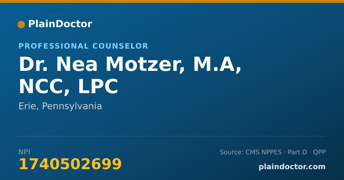 Shareable card for Nea Motzer, M.A, NCC, LPC - Professional Counselor, Erie, PA