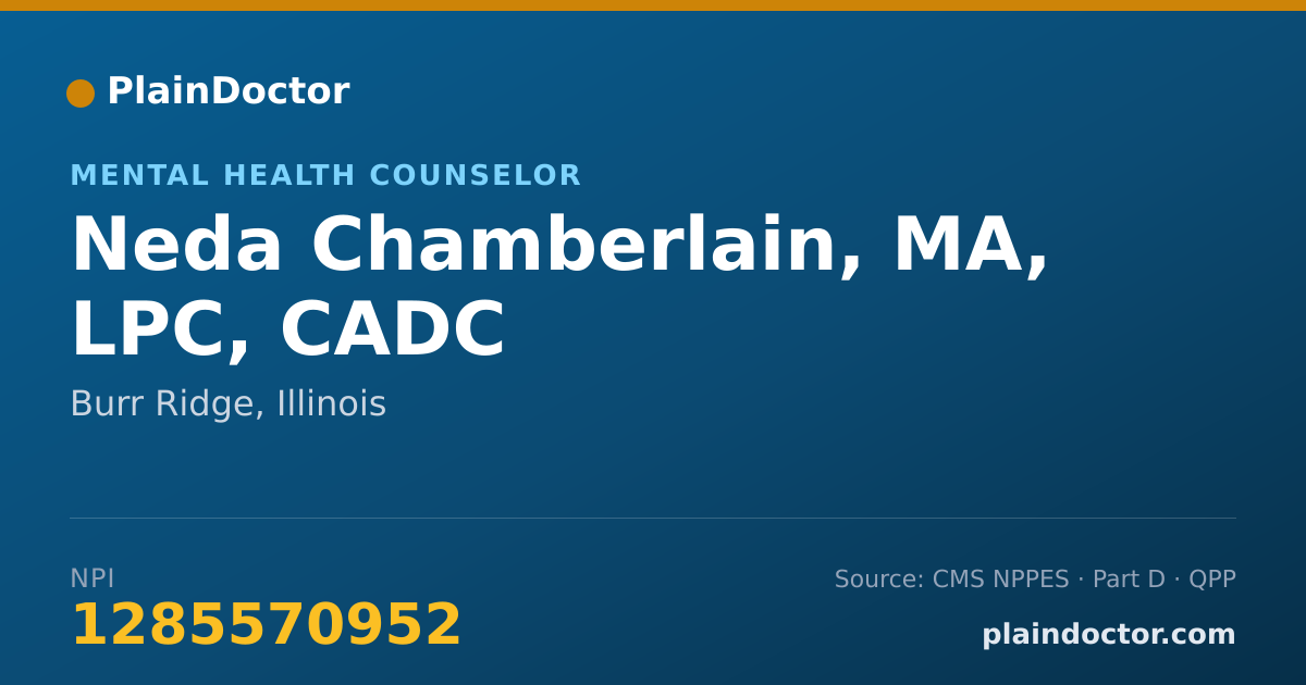 Shareable card for Neda Chamberlain, MA, LPC, CADC - Mental Health Counselor, Burr Ridge, IL