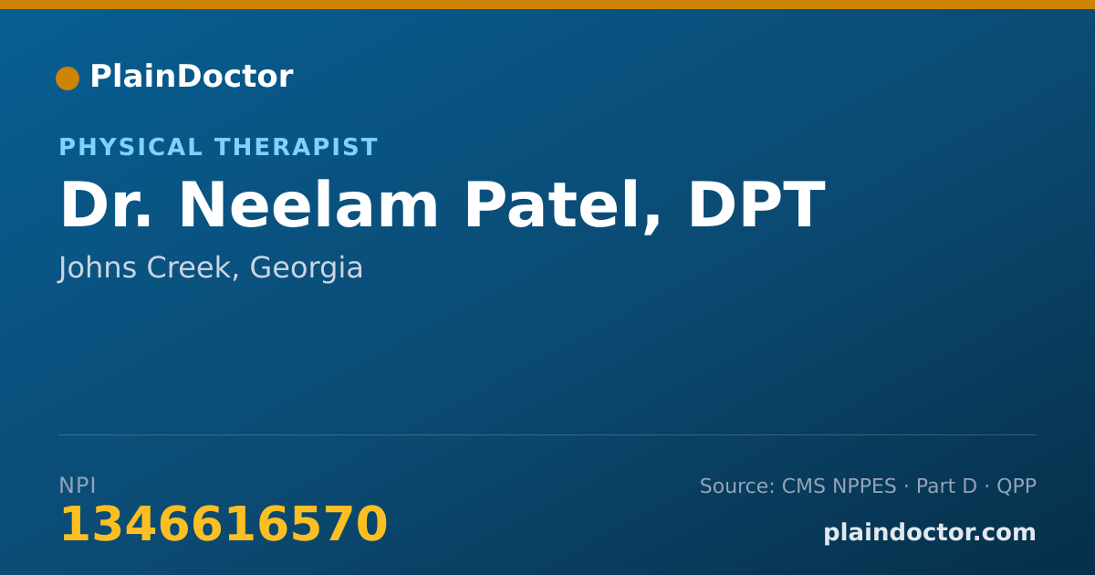 Shareable card for Neelam Patel, DPT - Physical Therapist, Johns Creek, GA