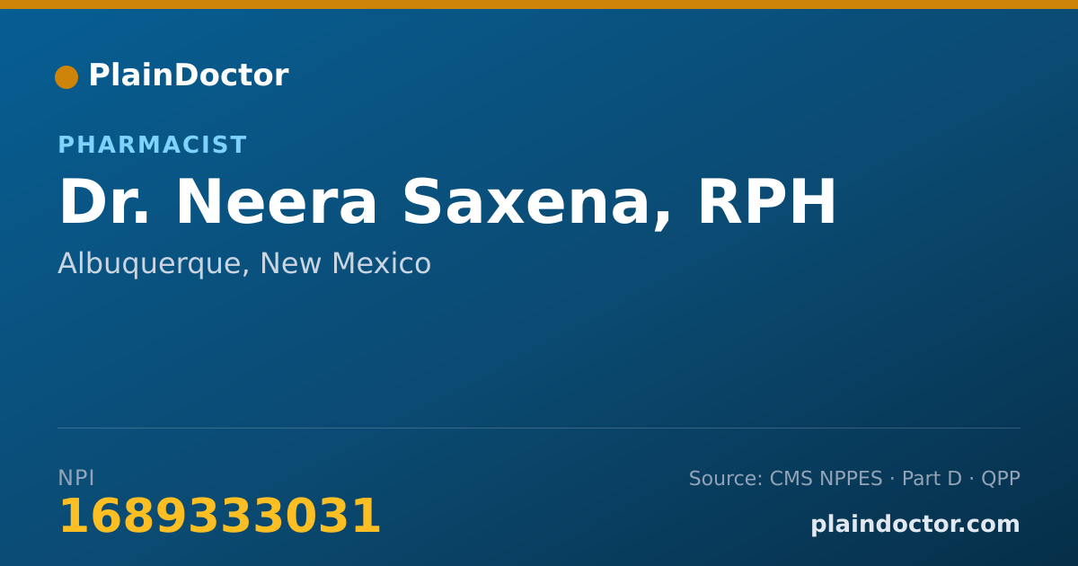 Shareable card for Neera Saxena, RPH - Pharmacist, Albuquerque, NM