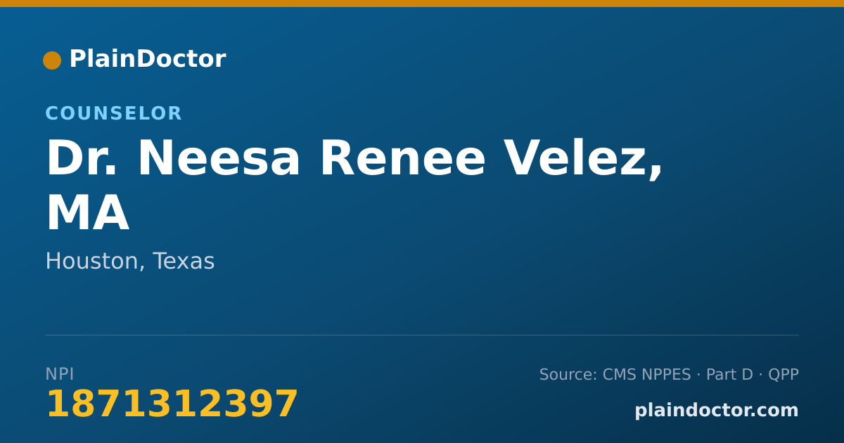 Shareable card for Neesa Renee Velez, MA - Counselor, Houston, TX