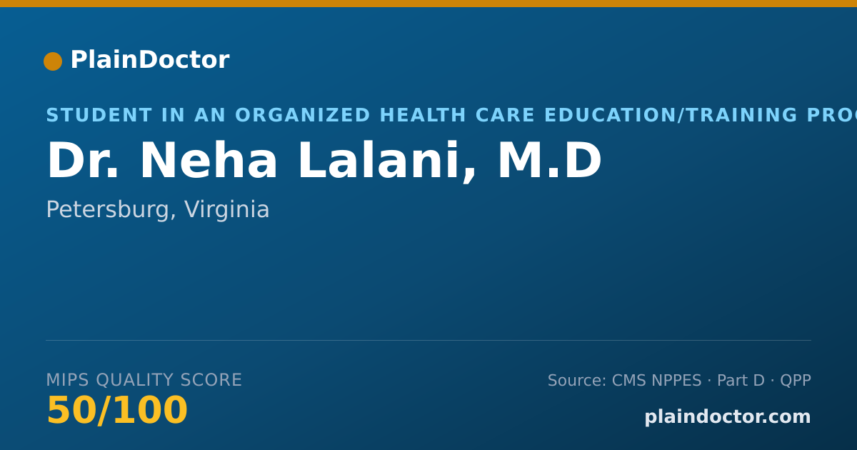 Shareable card for Neha Lalani, M.D - Student in an Organized Health Care Education/Training Program, Petersburg, VA