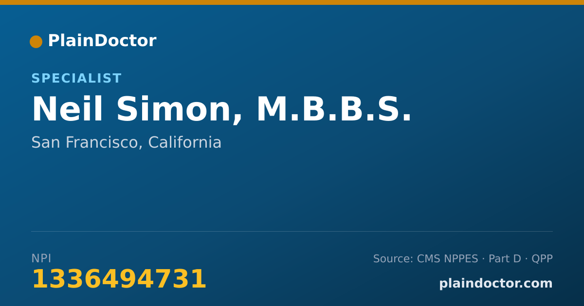 Shareable card for Neil Simon, M.B.B.S. - Specialist, San Francisco, CA