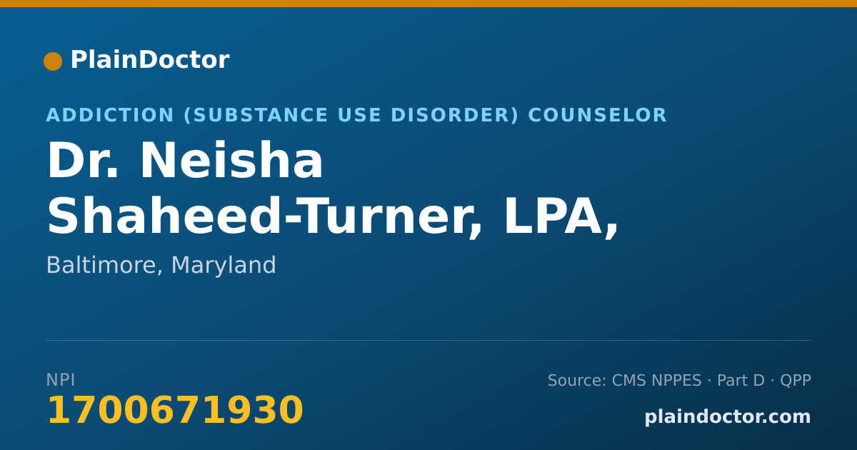 Shareable card for Neisha Shaheed-Turner, LPA, ADT - Addiction (Substance Use Disorder) Counselor, Baltimore, MD