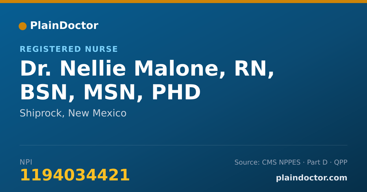 Shareable card for Nellie Malone, RN, BSN, MSN, PHD - Registered Nurse, Shiprock, NM