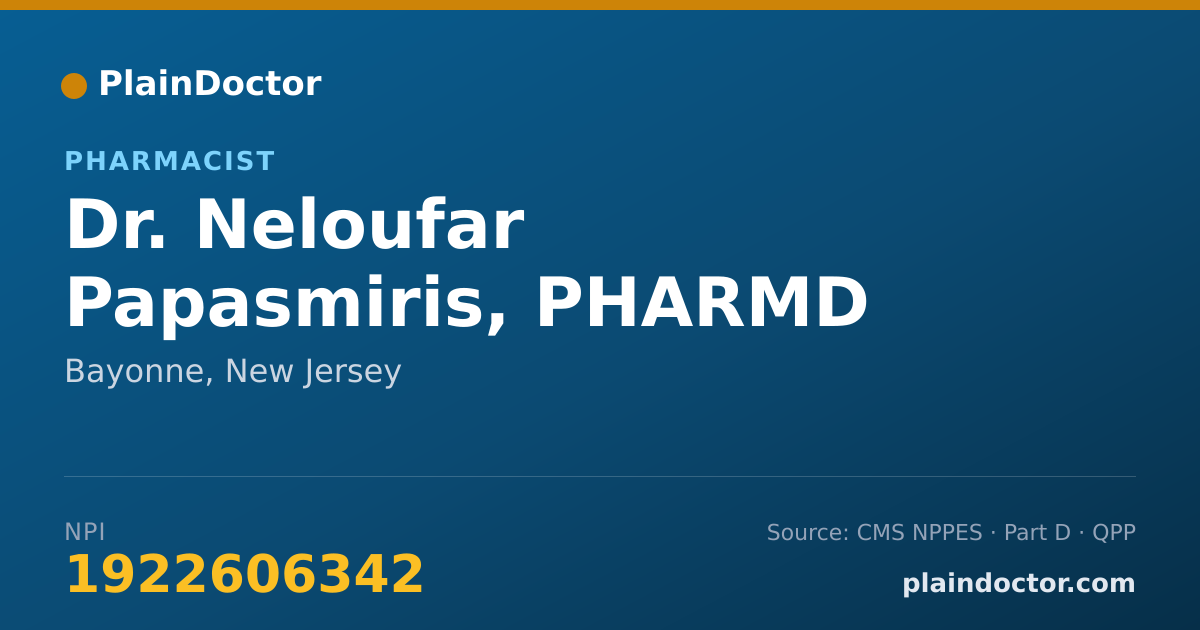 Shareable card for Neloufar Papasmiris, PHARMD - Pharmacist, Bayonne, NJ