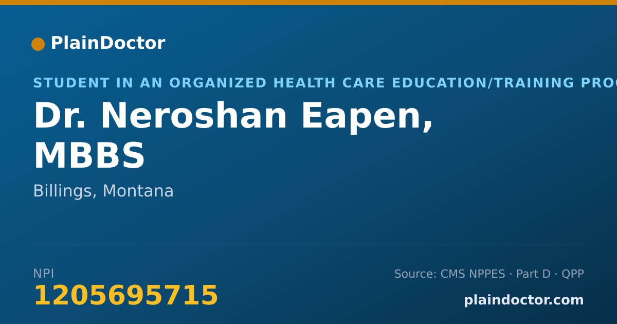 Shareable card for Neroshan Eapen, MBBS - Student in an Organized Health Care Education/Training Program, Billings, MT