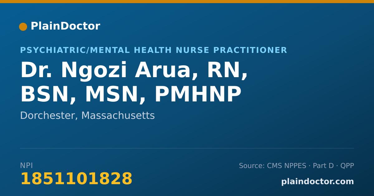 Shareable card for Ngozi Arua, RN, BSN, MSN, PMHNP - Psychiatric/Mental Health Nurse Practitioner, Dorchester, MA