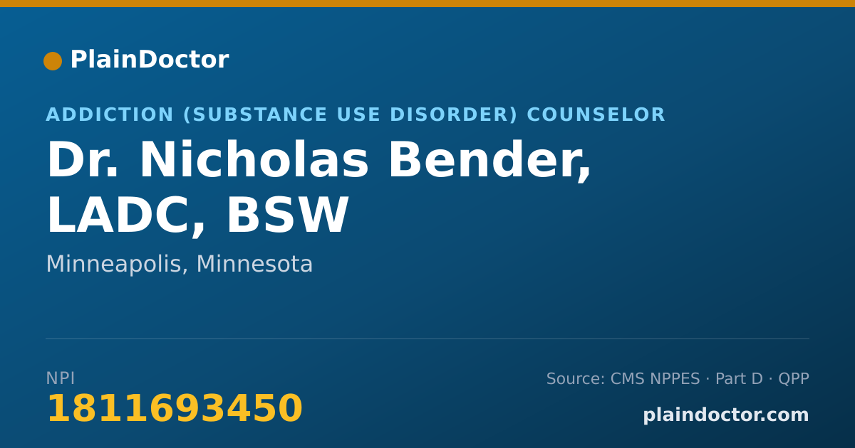 Shareable card for Nicholas Bender, LADC, BSW - Addiction (Substance Use Disorder) Counselor, Minneapolis, MN