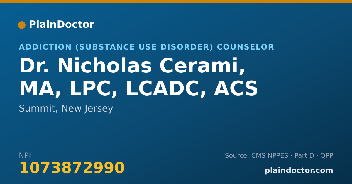 Shareable card for Nicholas Cerami, MA, LPC, LCADC, ACS - Addiction (Substance Use Disorder) Counselor, Summit, NJ