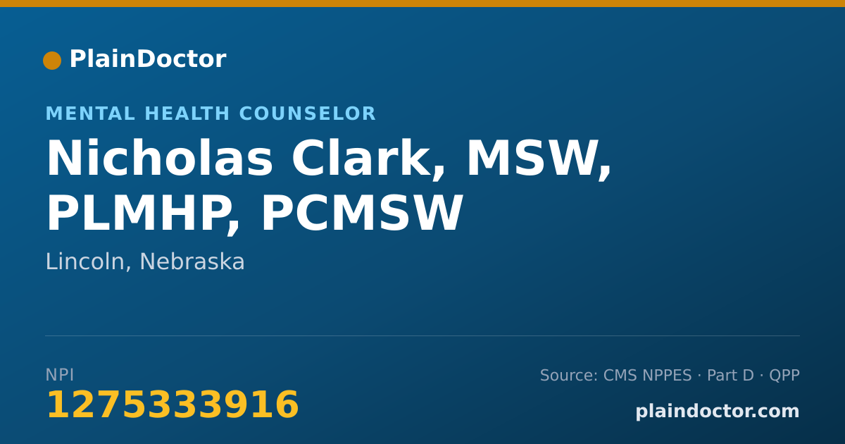 Shareable card for Nicholas Clark, MSW, PLMHP, PCMSW - Mental Health Counselor, Lincoln, NE