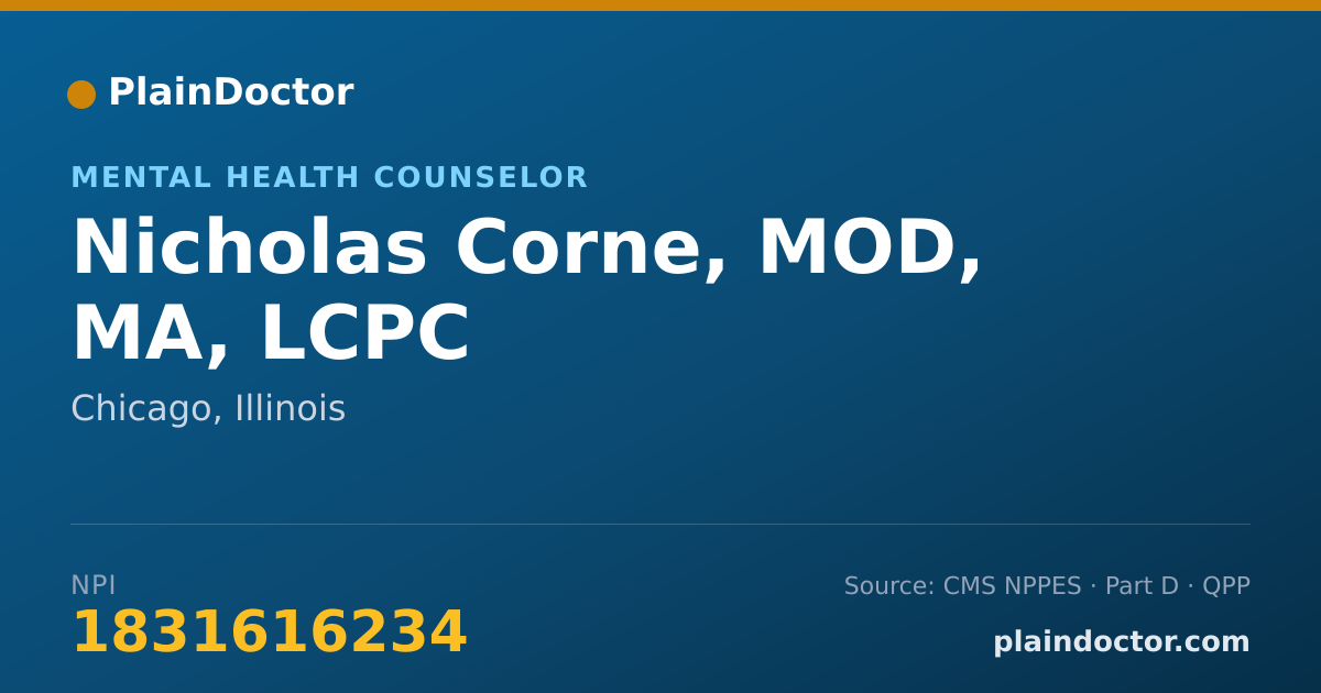Shareable card for Nicholas Corne, MOD, MA, LCPC - Mental Health Counselor, Chicago, IL