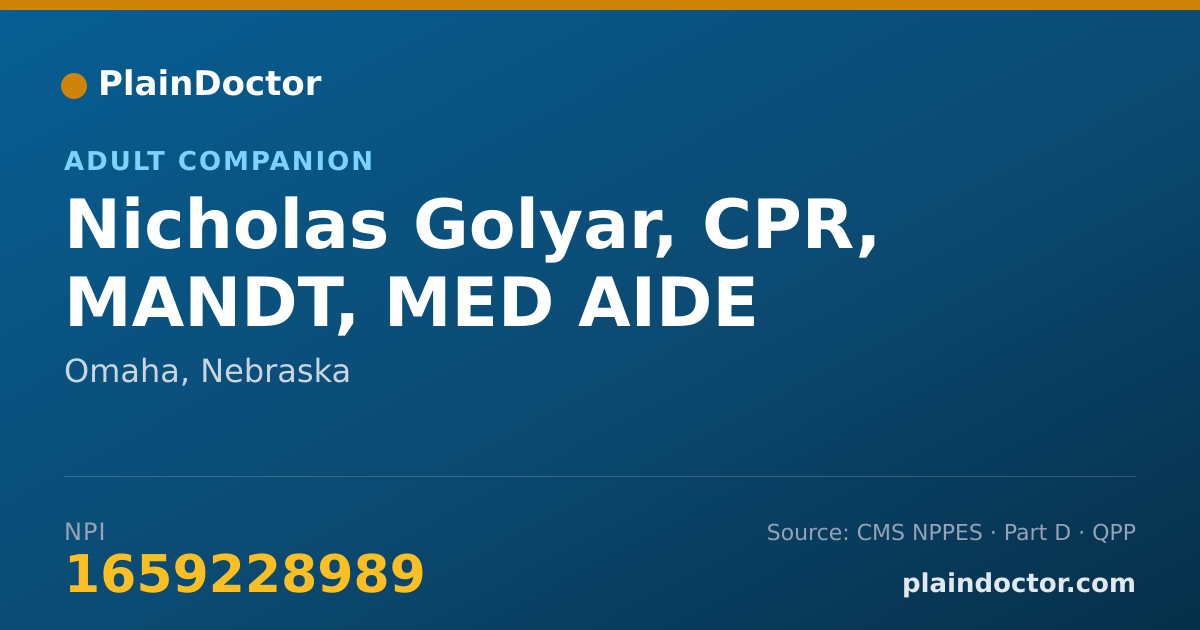 Shareable card for Nicholas Golyar, CPR, MANDT, MED AIDE - Chore Provider, Omaha, NE