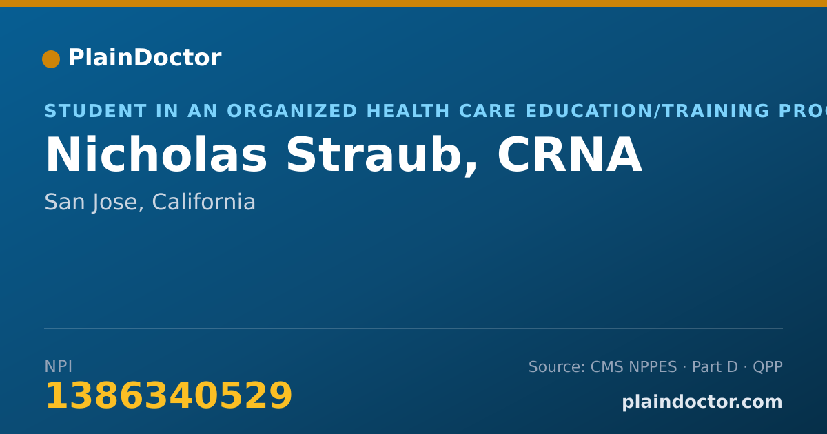 Shareable card for Nicholas Straub, CRNA - Student in an Organized Health Care Education/Training Program, San Jose, CA