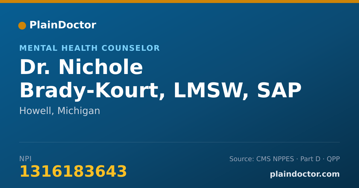 Shareable card for Nichole Brady-Kourt, LMSW, SAP - Mental Health Counselor, Howell, MI