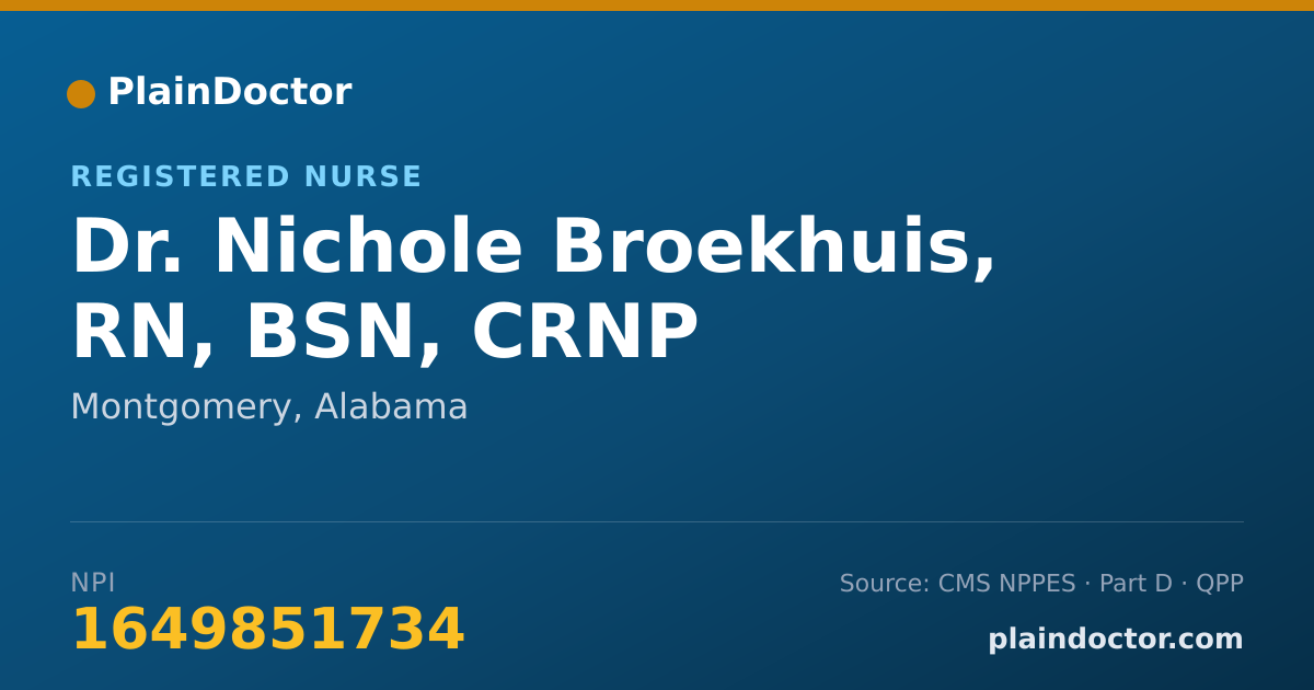 Shareable card for Nichole Broekhuis, RN, BSN, CRNP - Registered Nurse, Montgomery, AL