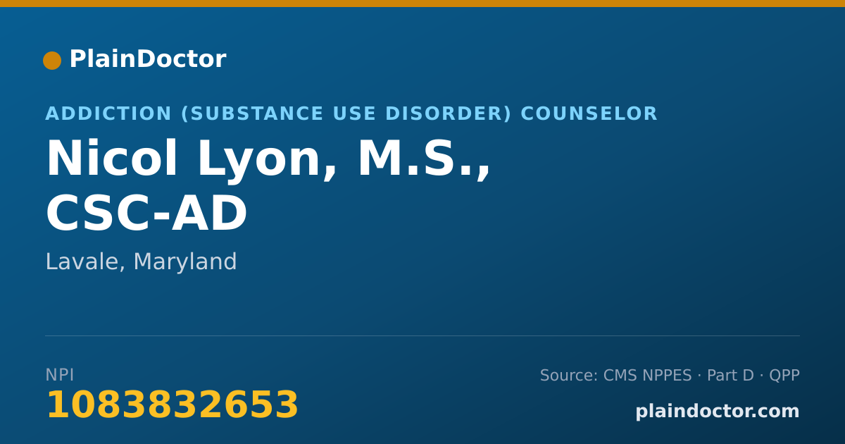 Shareable card for Nicol Lyon, M.S., CSC-AD - Addiction (Substance Use Disorder) Counselor, Lavale, MD