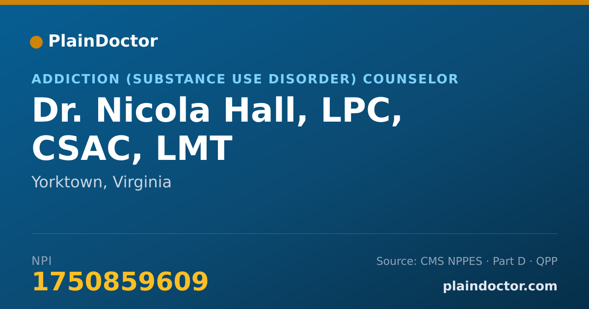 Shareable card for Nicola Hall, LPC, CSAC, LMT - Addiction (Substance Use Disorder) Counselor, Yorktown, VA
