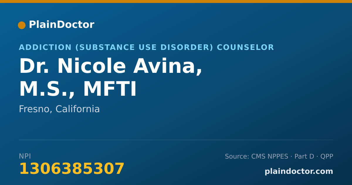 Shareable card for Nicole Avina, M.S., MFTI - Addiction (Substance Use Disorder) Counselor, Fresno, CA