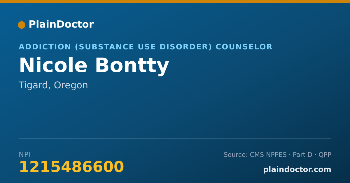 Shareable card for Nicole Bontty - Addiction (Substance Use Disorder) Counselor, Tigard, OR