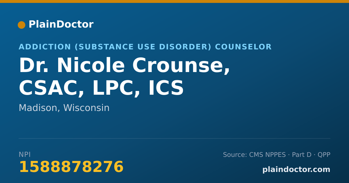Shareable card for Nicole Crounse, CSAC, LPC, ICS - Addiction (Substance Use Disorder) Counselor, Madison, WI