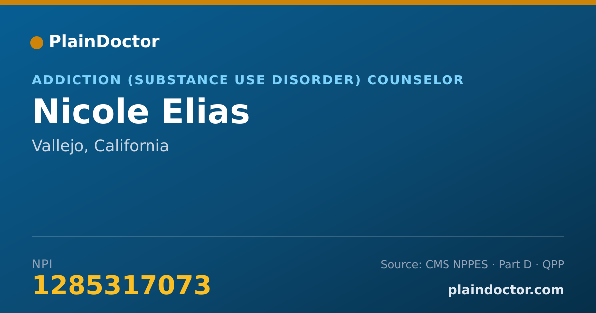 Shareable card for Nicole Elias - Addiction (Substance Use Disorder) Counselor, Vallejo, CA