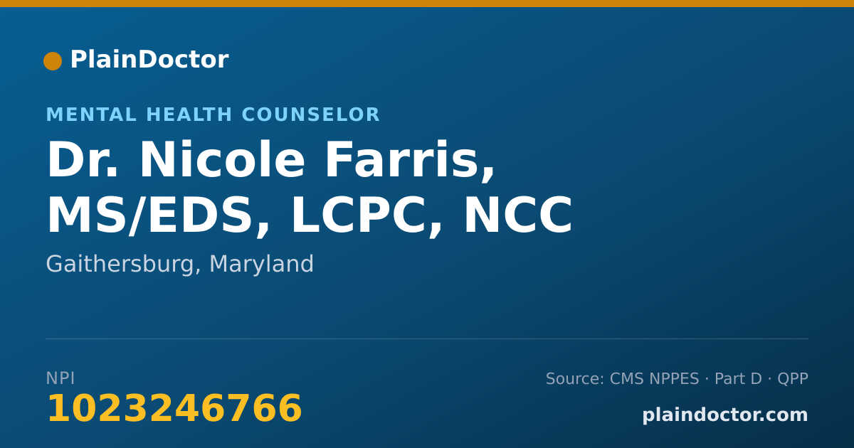 Shareable card for Nicole Farris, MS/EDS, LCPC, NCC - Mental Health Counselor, Gaithersburg, MD