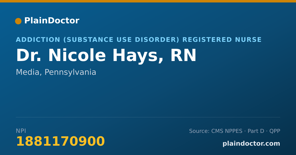 Shareable card for Nicole Hays, RN - Addiction (Substance Use Disorder) Registered Nurse, Media, PA