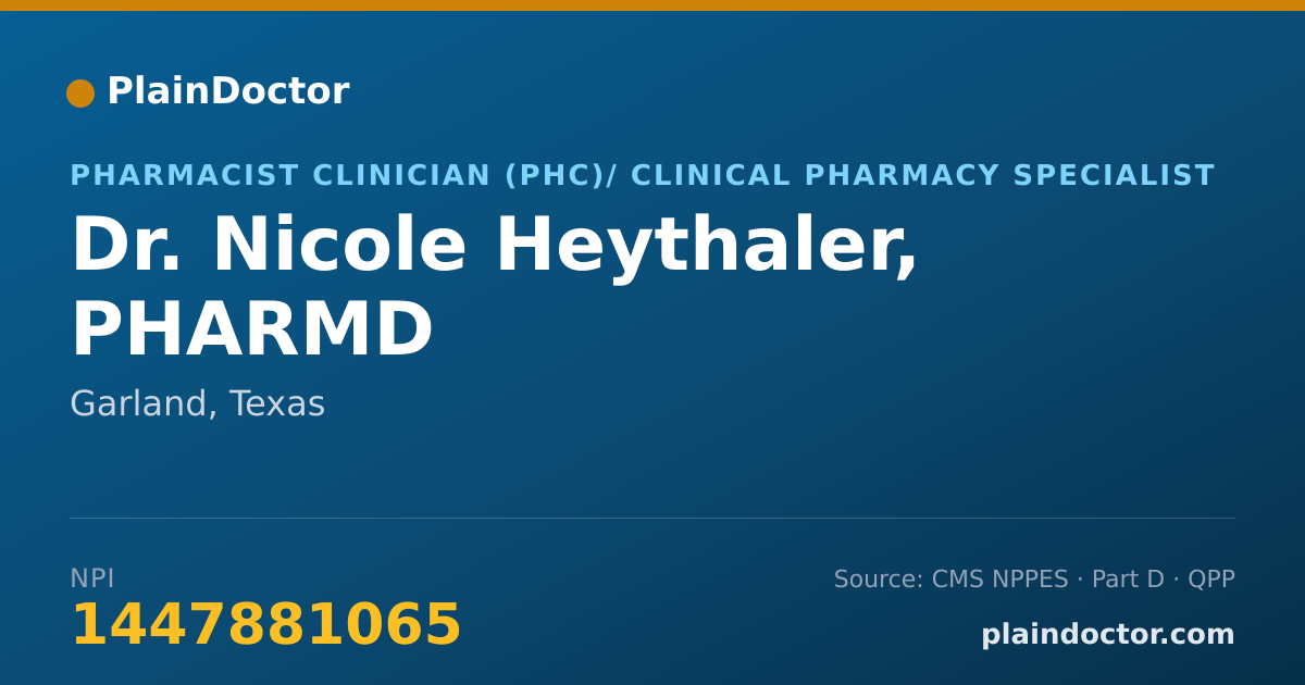 Shareable card for Nicole Heythaler, PHARMD - Pharmacist Clinician (PhC)/ Clinical Pharmacy Specialist, Garland, TX
