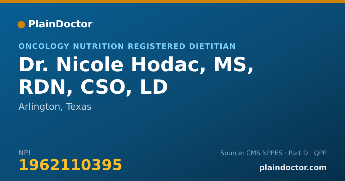 Shareable card for Nicole Hodac, MS, RDN, CSO, LD - Oncology Nutrition Registered Dietitian, Arlington, TX