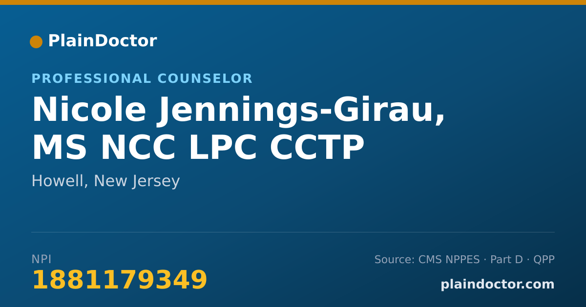 Shareable card for Nicole Jennings-Girau, MS NCC LPC CCTP - Professional Counselor, Howell, NJ